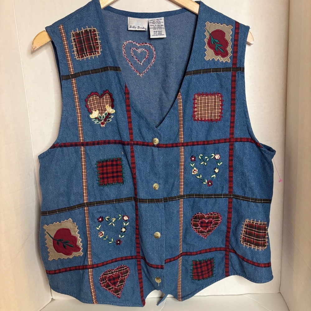 Bobbie Brooks Vintage Denim Patchwork Heart Floral Plaid Vest Blue Womens Large